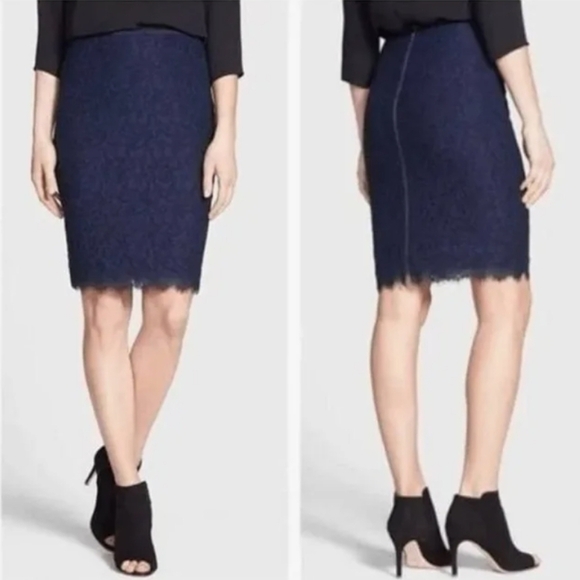 New DVF Diane Von Furstenberg Scotia Navy Blue Eyelash Lace Pencil Skirt Size 10 - Picture 10 of 10